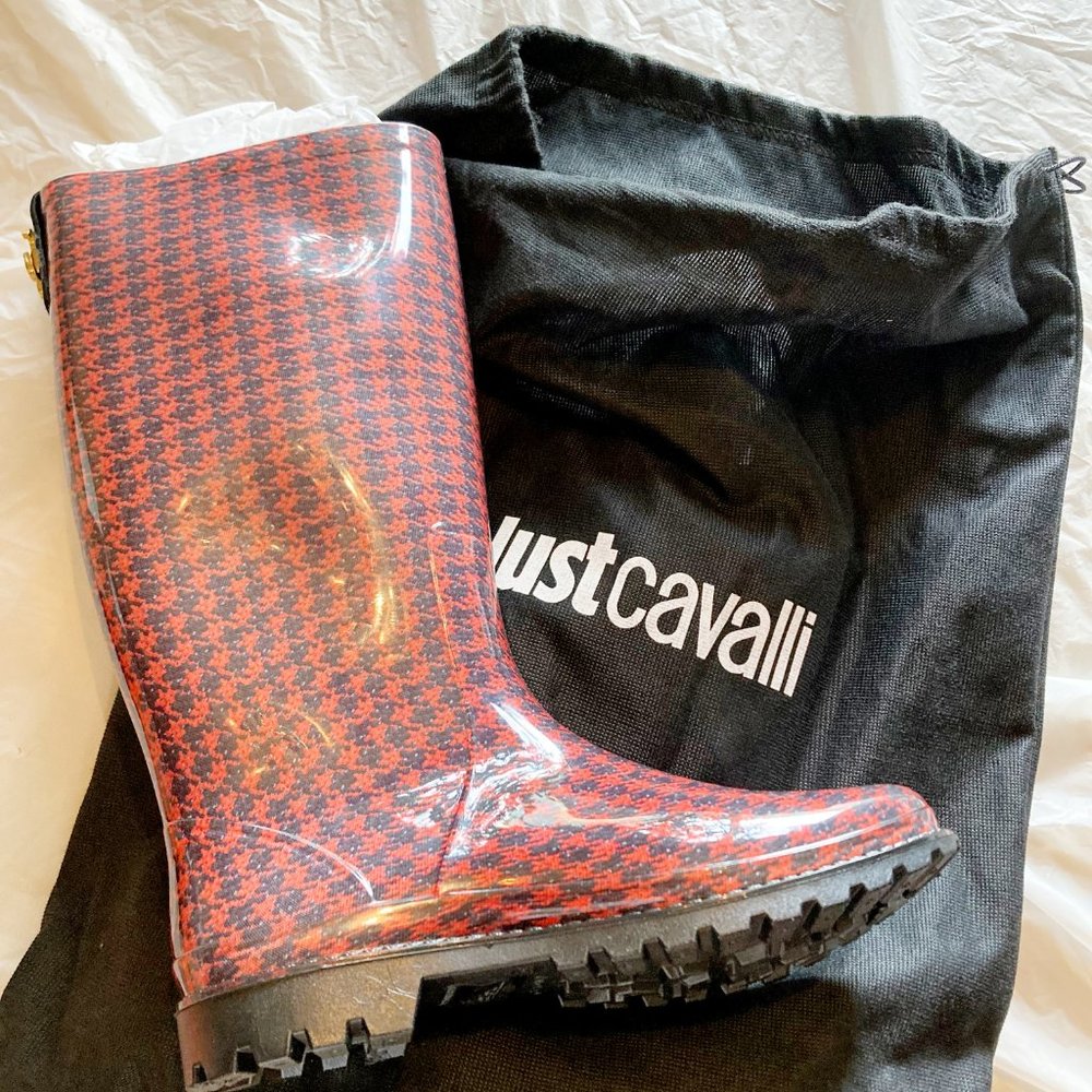 Just Cavalli Red and Black Houndstooth Rain Boots
